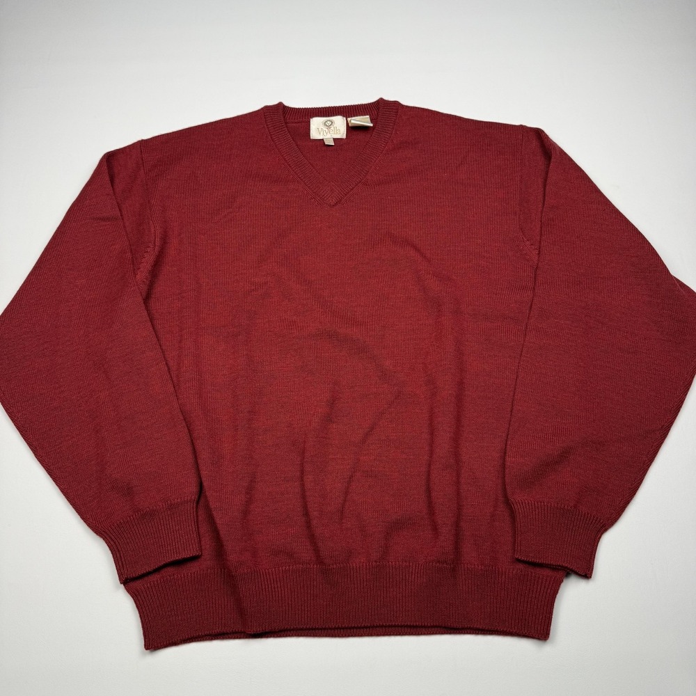 Viyella Sweater Mens Large Red 100% Merino Wool V Neck Pullover Knit Classic